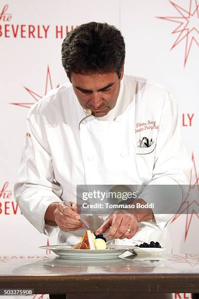 Executive Pastry Chef Thomas Henzi presents the 73rd annual Golden Globes menu preview at The Beverly Hilton Hotel on January 4, 2016 in Beverly...