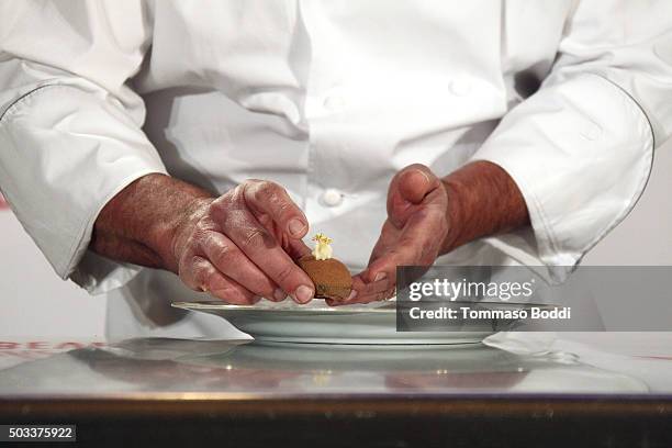 Executive Pastry Chef Thomas Henzi presents the 73rd annual Golden Globes menu preview at The Beverly Hilton Hotel on January 4, 2016 in Beverly...