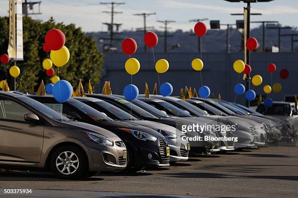 Hyundai Motor Co. Vehicles sit on display for sale on the lot of the Keyes Hyundai dealership in the Van Nuys neighborhood of Los Angeles,...