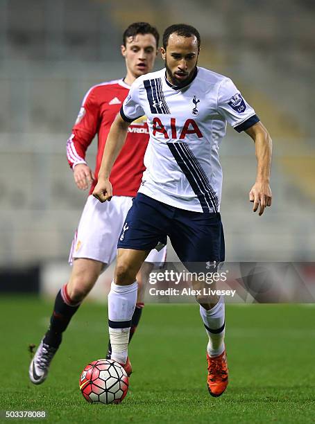 Andros Townsend of Tottenham Hotspur U21 beats William Keane of Manchester United U21 during the Barclays U21 Premier League match between Manchester...