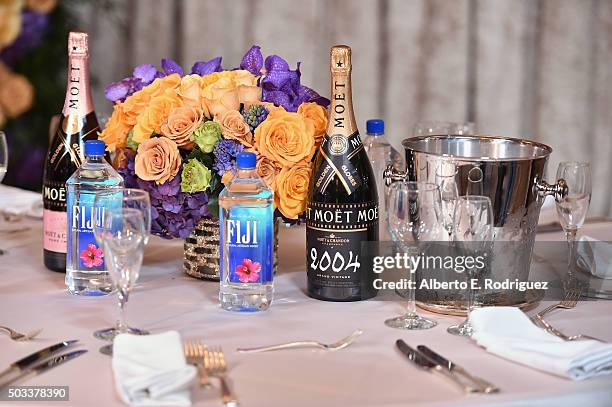 The table setting at the 73rd Golden Globes Menu Preview at The Beverly Hilton Hotel on January 4, 2016 in Beverly Hills, California.