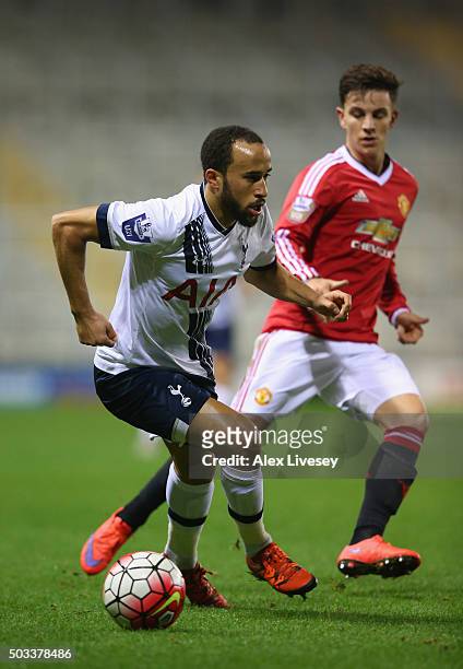 Andros Townsend of Tottenham Hotspur U21 runs with the ball during the Barclays U21 Premier League match between Manchester United U21 and Tottenham...
