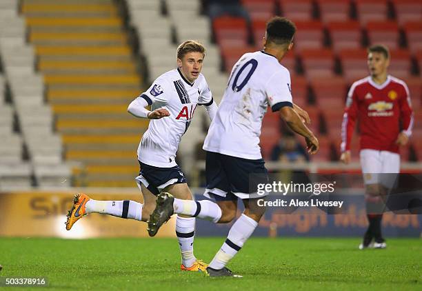 Joe Pritchard of Tottenham Hotspur U21 celebrates with Anton Walkes after scoring their first goal during the Barclays U21 Premier League match...