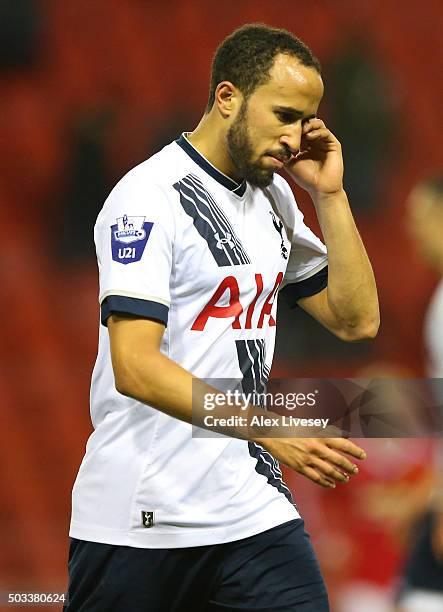 Andros Townsend of Tottenham Hotspur U21 looks dejected after the Barclays U21 Premier League match between Manchester United U21 and Tottenham...