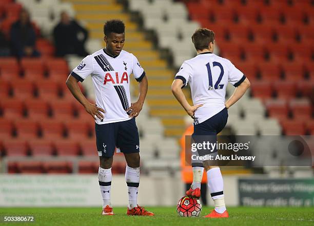 Shaquile Coulthirst and Will Miller of Tottenham Hotspur U21 look on after conceding the third goal during the Barclays U21 Premier League match...