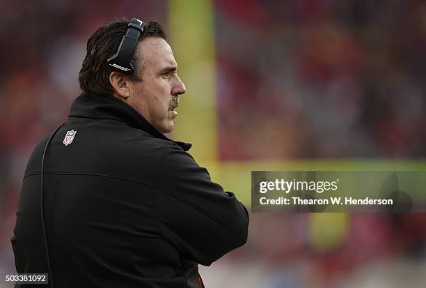 Head coach Jim Tomsula of the San Francisco 49ers looks on from the sidelines against the St. Louis Rams during an NFL football game at Levi's...