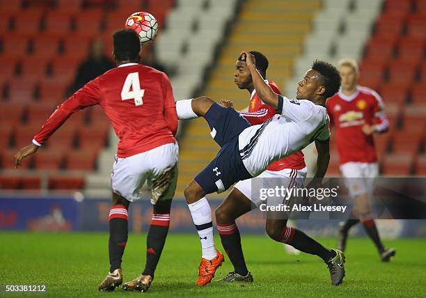 Shaquile Coulthirst of Tottenham Hotspur U21 attempts a overhead kick during the Barclays U21 Premier League match between Manchester United U21 and...