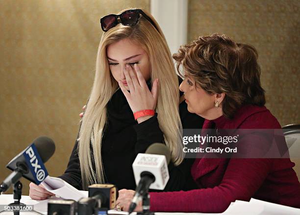 Molly O'Malia and her attorney Gloria Allred speak during a press conference to respond to O.K. Magazine's December 28, 2015 cover story that...