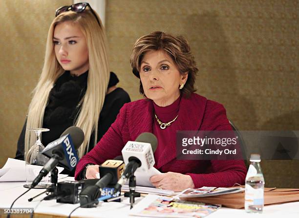Molly O'Malia and her attorney Gloria Allred speak during a press conference to respond to O.K. Magazine's December 28, 2015 cover story that...