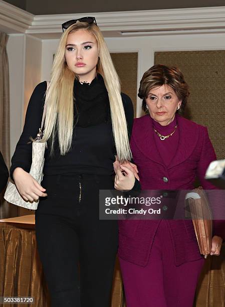 Molly O'Malia and her attorney Gloria Allred are seen leaving a press conference to respond to O.K. Magazine's December 28, 2015 cover story that...