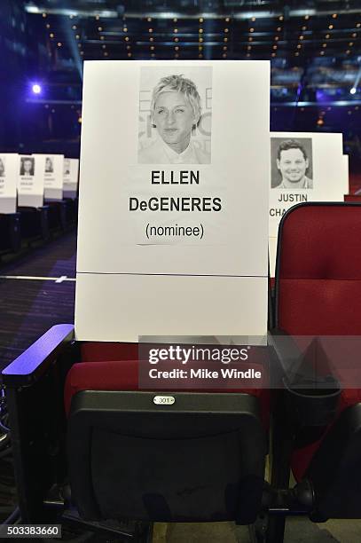 General view of seating place cards during the People's Choice Awards 2016 press day at Microsoft Theater on January 4, 2016 in Los Angeles,...