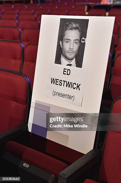 General view of seating place cards during the People's Choice Awards 2016 press day at Microsoft Theater on January 4, 2016 in Los Angeles,...