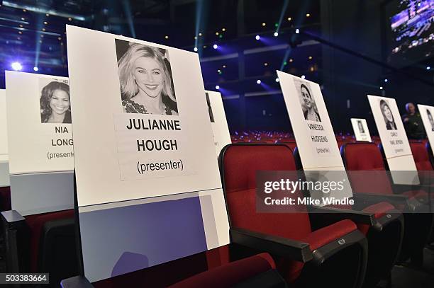 General view of seating place cards during the People's Choice Awards 2016 press day at Microsoft Theater on January 4, 2016 in Los Angeles,...