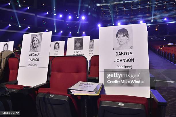 General view of seating place cards during the People's Choice Awards 2016 press day at Microsoft Theater on January 4, 2016 in Los Angeles,...