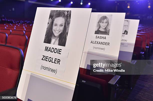 General view of seating place cards during the People's Choice Awards 2016 press day at Microsoft Theater on January 4, 2016 in Los Angeles,...