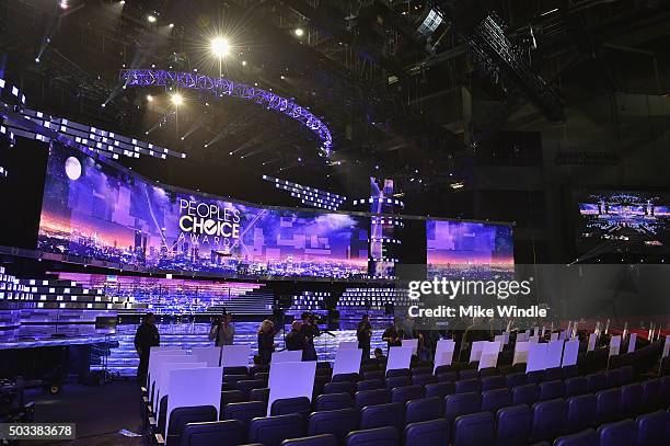 General view of seating place cards during the People's Choice Awards 2016 press day at Microsoft Theater on January 4, 2016 in Los Angeles,...