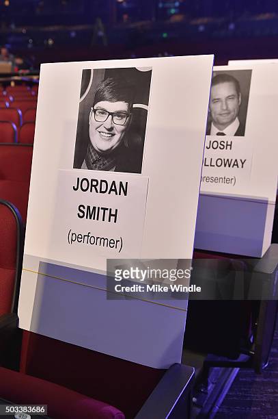 General view of seating place cards during the People's Choice Awards 2016 press day at Microsoft Theater on January 4, 2016 in Los Angeles,...