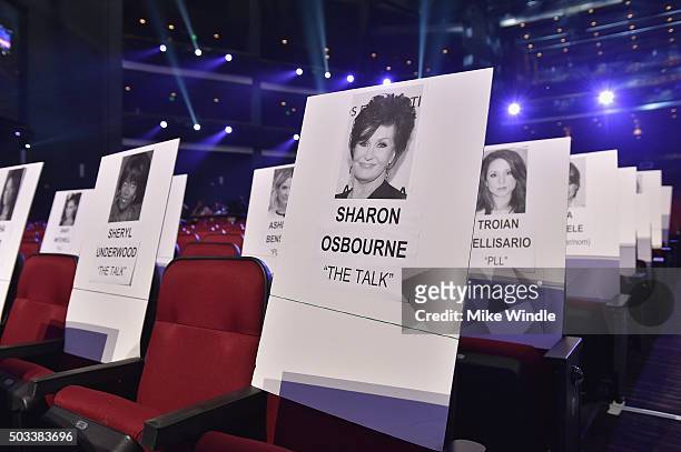 General view of seating place cards during the People's Choice Awards 2016 press day at Microsoft Theater on January 4, 2016 in Los Angeles,...