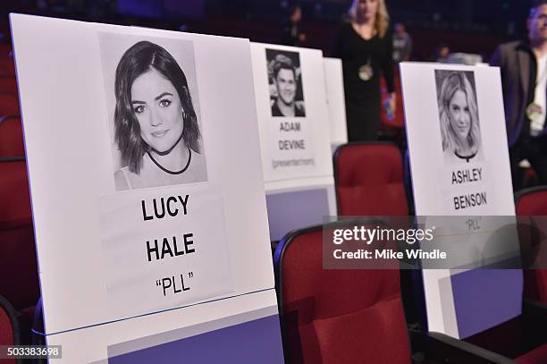 General view of seating place cards during the People's Choice Awards 2016 press day at Microsoft Theater on January 4, 2016 in Los Angeles,...