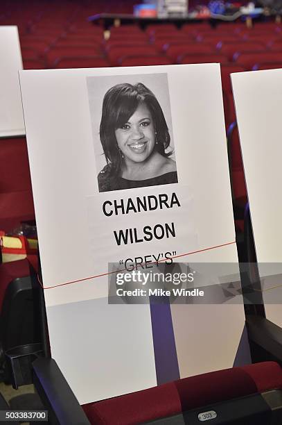 General view of seating place cards during the People's Choice Awards 2016 press day at Microsoft Theater on January 4, 2016 in Los Angeles,...