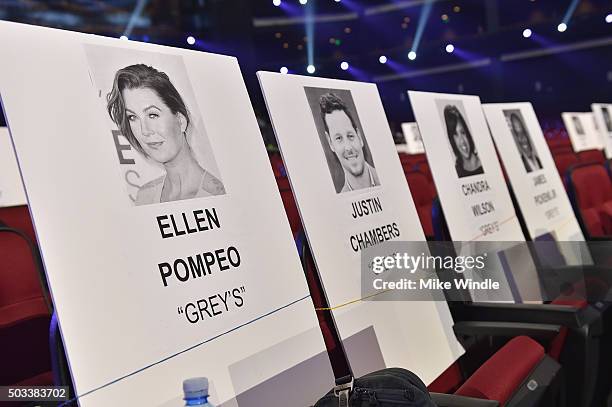 General view of seating place cards during the People's Choice Awards 2016 press day at Microsoft Theater on January 4, 2016 in Los Angeles,...