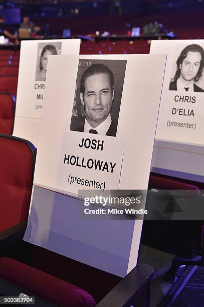 General view of seating place cards during the People's Choice Awards 2016 press day at Microsoft Theater on January 4, 2016 in Los Angeles,...