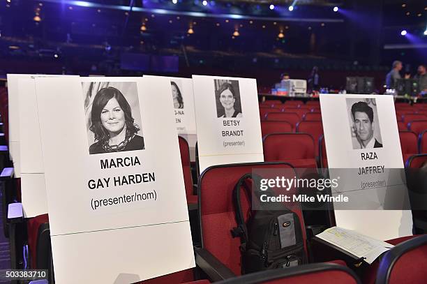 General view of seating place cards during the People's Choice Awards 2016 press day at Microsoft Theater on January 4, 2016 in Los Angeles,...