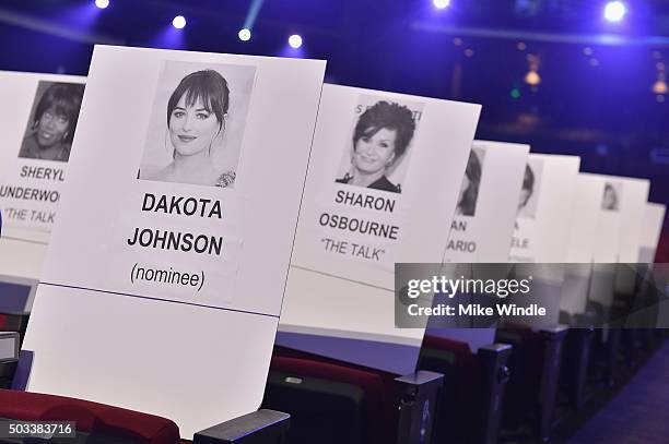 General view of seating place cards during the People's Choice Awards 2016 press day at Microsoft Theater on January 4, 2016 in Los Angeles,...