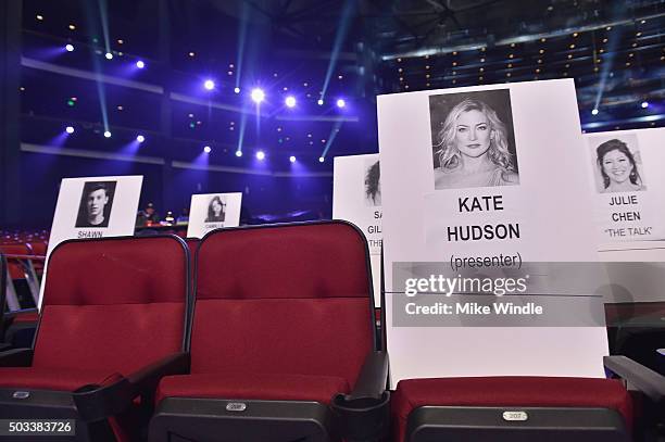 General view of seating place cards during the People's Choice Awards 2016 press day at Microsoft Theater on January 4, 2016 in Los Angeles,...