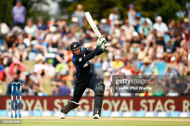 Martin Guptill of New Zealand bats during game five of the One Day International series between New Zealand and Sri Lanka at Bay Oval on January 5,...