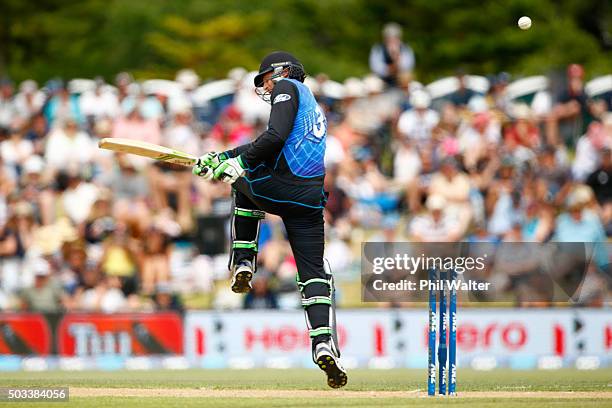 Martin Guptill of New Zealand bats during game five of the One Day International series between New Zealand and Sri Lanka at Bay Oval on January 5,...