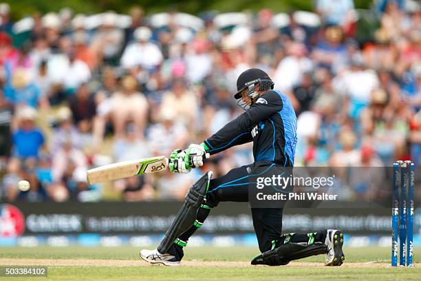 Martin Guptill of New Zealand bats during game five of the One Day International series between New Zealand and Sri Lanka at Bay Oval on January 5,...