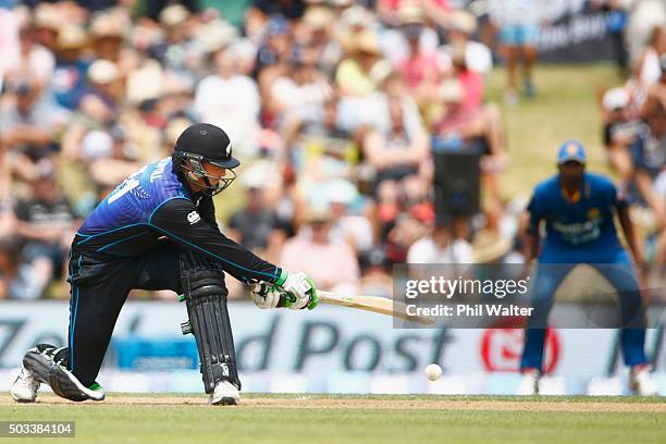 Martin Guptill of New Zealand bats during game five of the One Day International series between New Zealand and Sri Lanka at Bay Oval on January 5,...