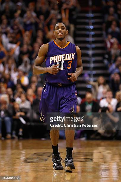 Brandon Knight of the Phoenix Suns reacts to a three point shot against the Cleveland Cavaliers during the NBA game at Talking Stick Resort Arena on...