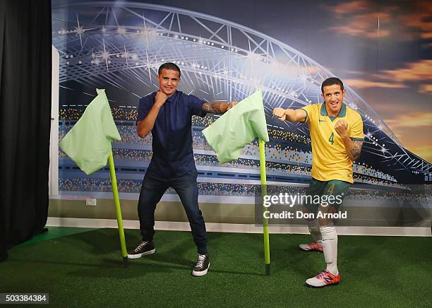 Tim Cahill poses with his wax figure at Madame Tussauds Sydney on January 5, 2016 in Sydney, Australia.