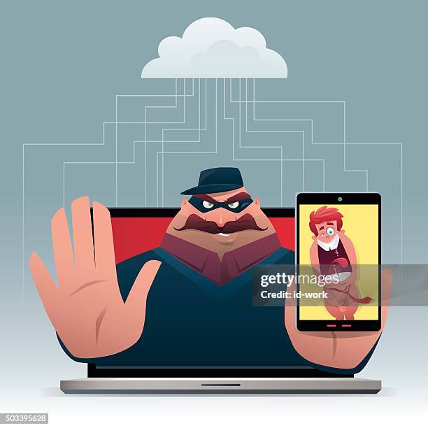 cyber threatening - guy waving at computer stock illustrations