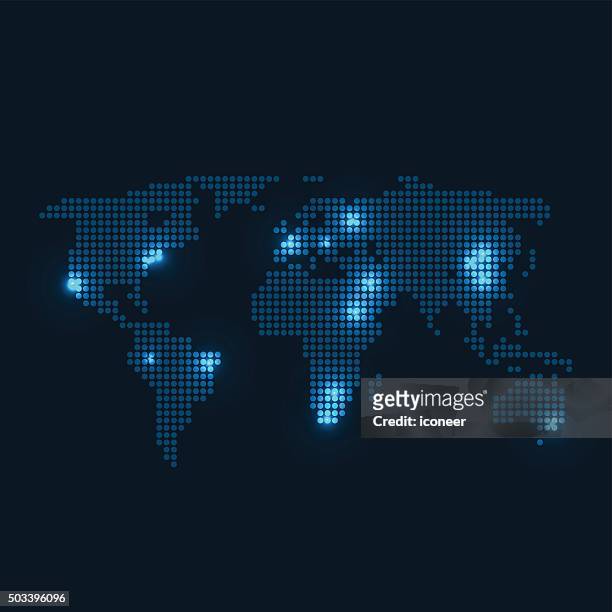 dotted world map with city lights on dark blue background - photopollution stock illustrations