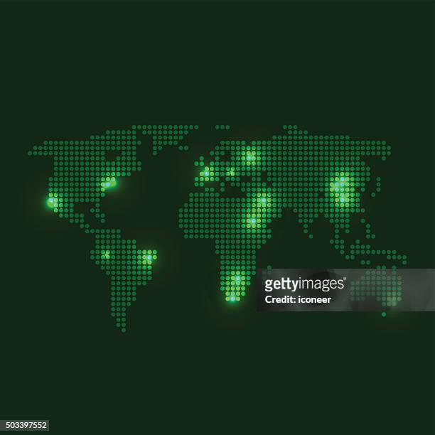 ilustraciones, imágenes clip art, dibujos animados e iconos de stock de salpicado mapa mundial con las luces de la ciudad en fondo verde oscuro - photopollution