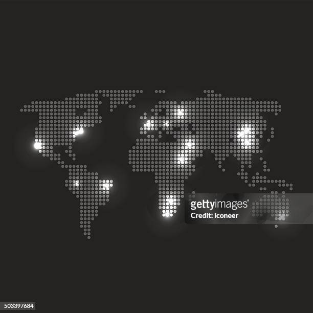 stockillustraties, clipart, cartoons en iconen met dotted world map with city lights on dark grey background - photopollution