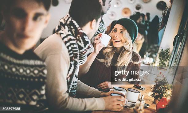 people having fun at coffee place. - cozy coffee stock pictures, royalty-free photos & images