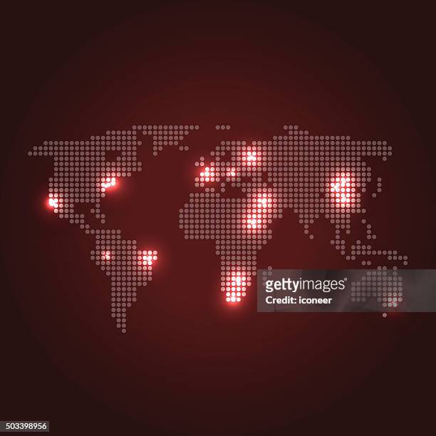 dotted world map with city lights on dark red background - photopollution stock illustrations