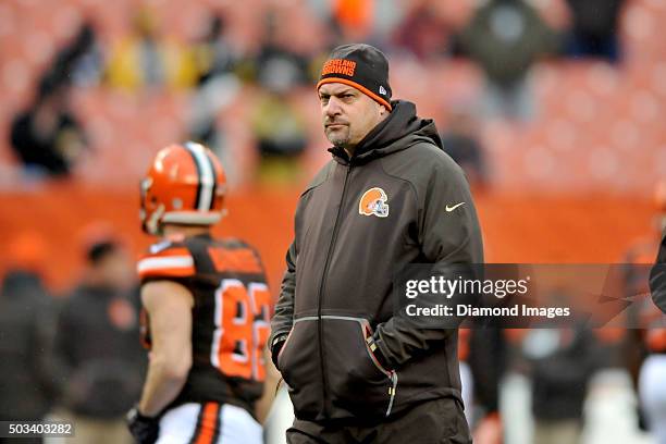 Head coach Mike Pettine of the Cleveland Browns walks onto the field prior to a game against the Pittsburgh Steelers on January 3, 2016 at...