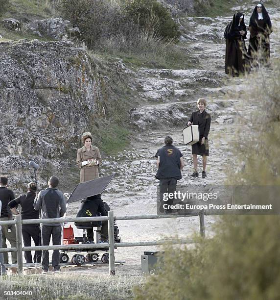 Actress Blanca Suarez and Charlotte Vega are seen during the set filming of 'Lo que escondian sus ojos' tv serie on December 9, 2015 in Sepulveda,...