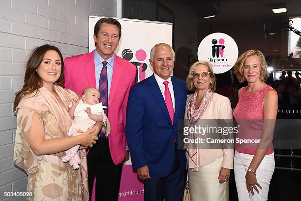 Sara Leonardi-McGrath, Glenn McGrath, Prime Minister Malcolm Turnbull, Lucy Turnbull, and McGrath Foundation CEO Petra Buchanan pose at the McGrath...