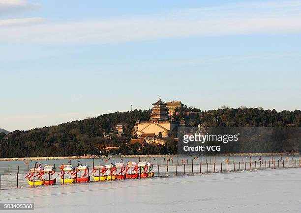 Picture shows the Summer Palace under the blue sky on January 4, 2016 in Beijing, China. Capital Beijing welcomed its first blue sky in 2016 on...