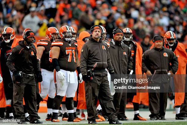 Head coach Mike Pettine of the Cleveland Browns watches the action from the sideline during a game against the Pittsburgh Steelers on January 3, 2016...