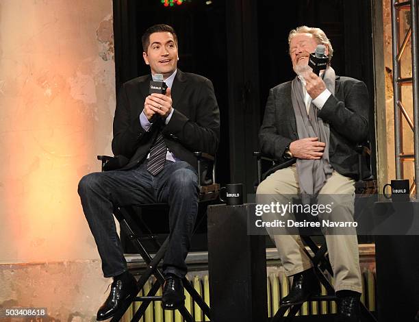 Screenwriter Drew Goddard and film director Sir Ridley Scott attend AOL BUILD Series: Drew Goddard and Sir Ridley Scott, "The Martian" at AOL Studios...