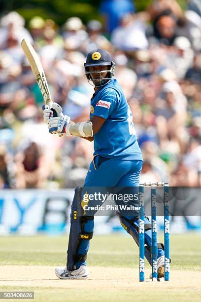 Angelo Mathews of Sri Lanka bats during game five of the One Day International series between New Zealand and Sri Lanka at Bay Oval on January 5,...