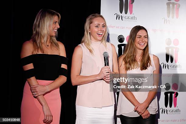 Kayla Dickson, Danielle Willis and Cherina Murphy-Christian react on stage during High Tea at the SCG at Allianz Stadium on day three of the third...