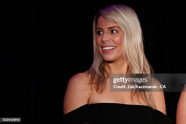 Kayla Dickson reacts on stage during High Tea at the SCG at Allianz Stadium on day three of the third Test match between Australia and the West...